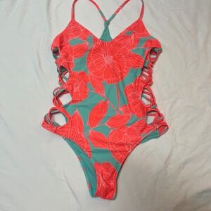Body Glove One Piece Swimsuit Coral Floral Lattice Cutout Teal Women's Small